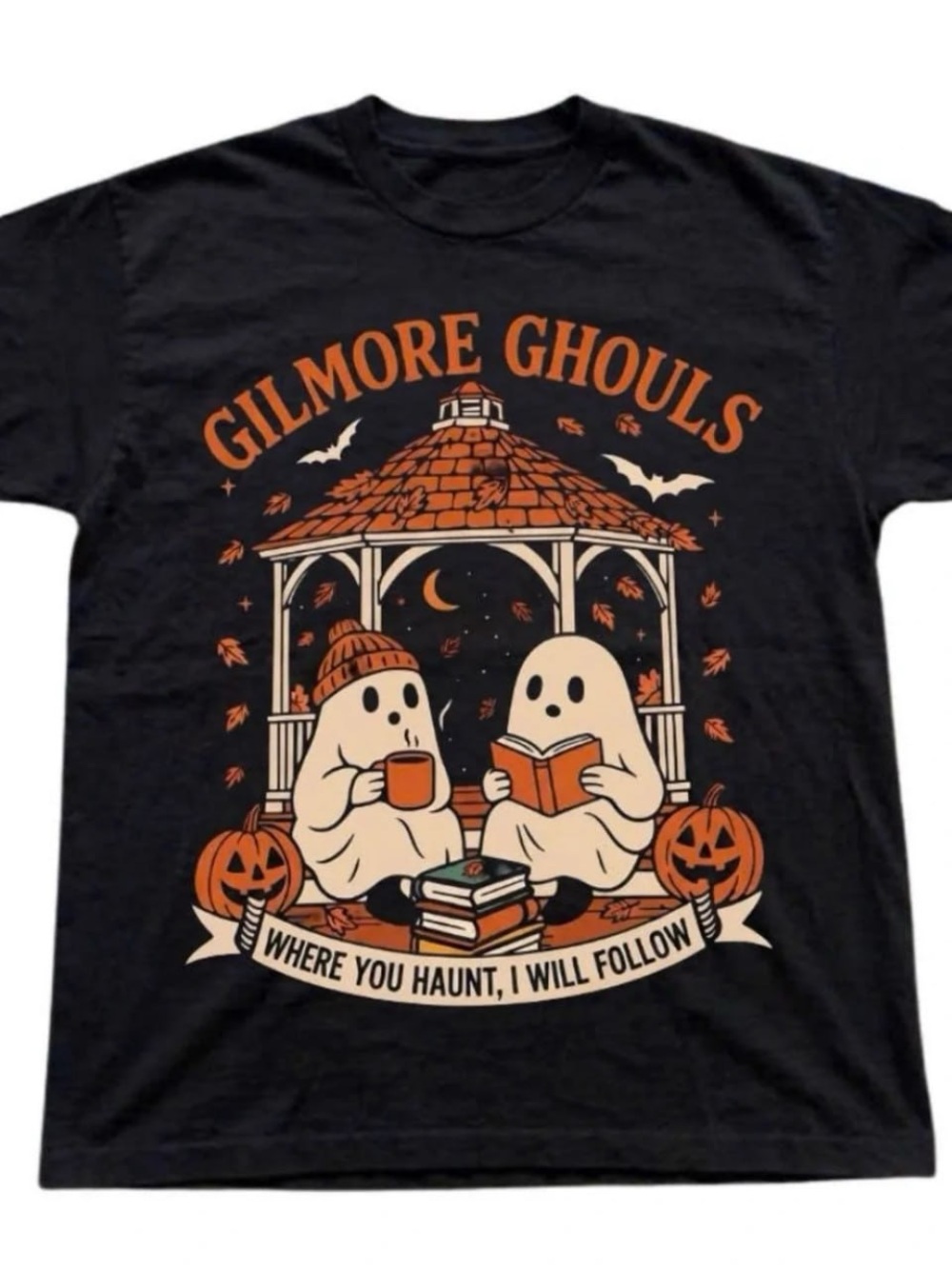 Black Gilmore Ghouls Halloween Graphic Tee with Orange & White Print